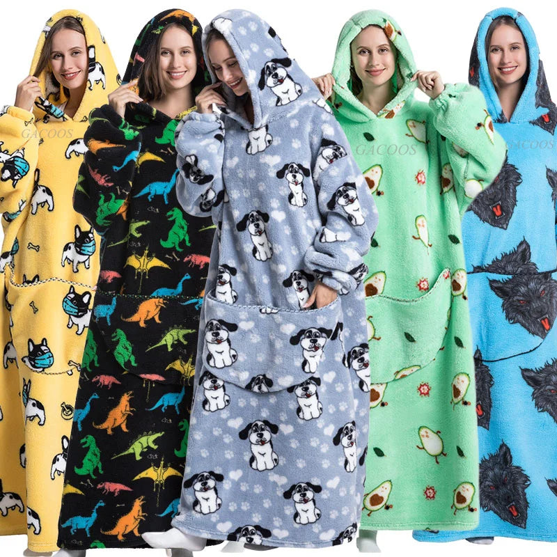 Super Long Wearable Blanket Hoodie Flannel Women Mens Oversized Hoodie Giant Blanket Sweatshirt Winter Thicken Pullover Fleece