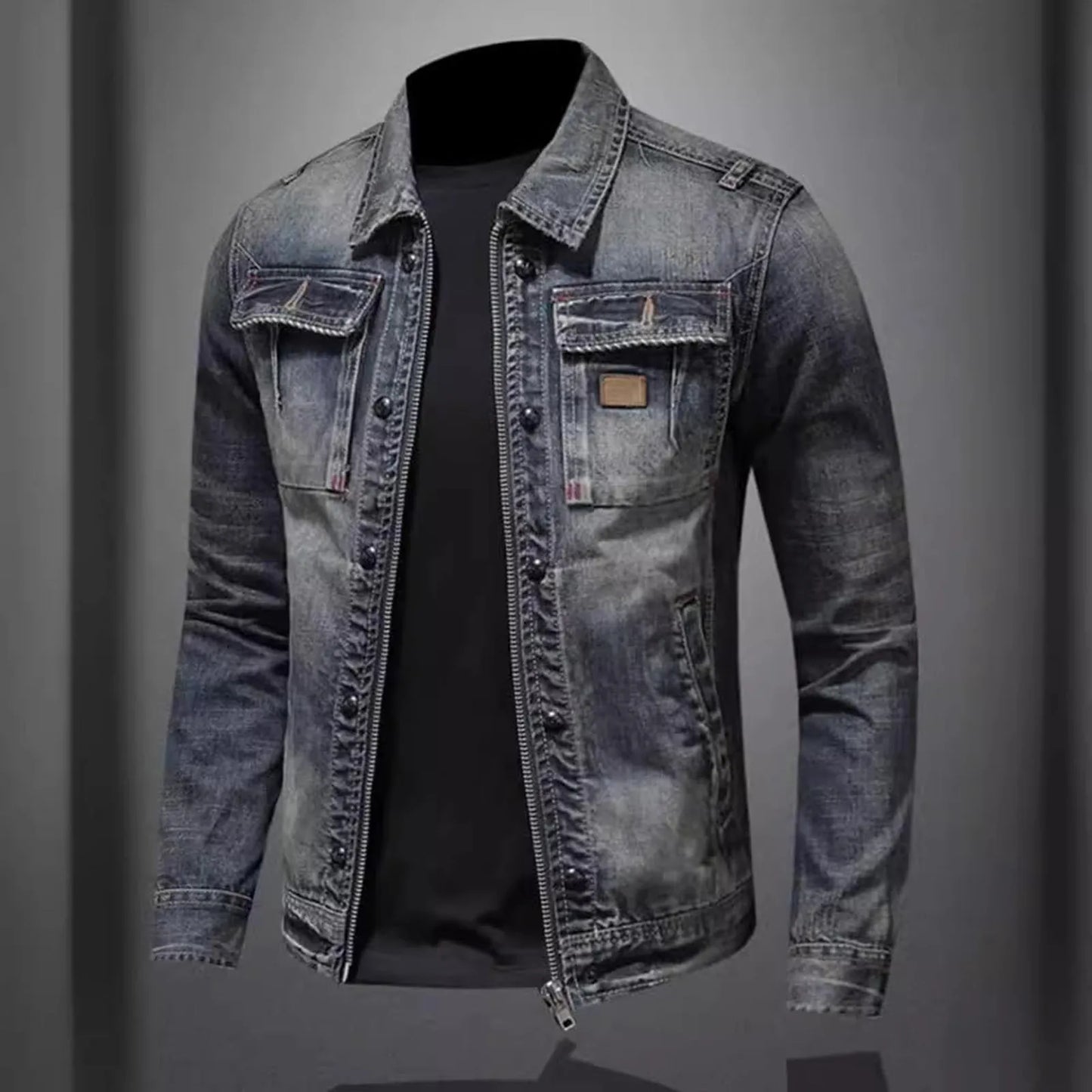 Veste en jean vintage avec fermeture éclair, coupe slim, style hip-hop classique, style universitaire, veste d'hiver pour homme