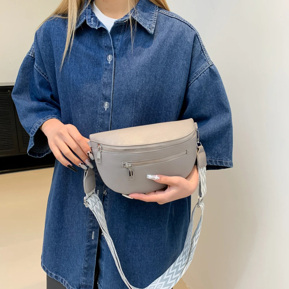 Women Stylish Crossbody Bag with Wide Strap Simple Shoulder Bag Multi-pocket Casual Bum Bag Travel Outdoor Bag