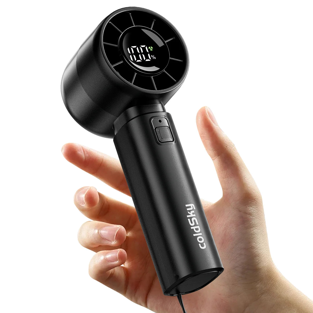 Mini ventilateur portable ColdSky, batterie 4000 mAh, rechargeable, avec écran LED, 5 vitesses, turbo, pour la plage, les voyages et les vacances.