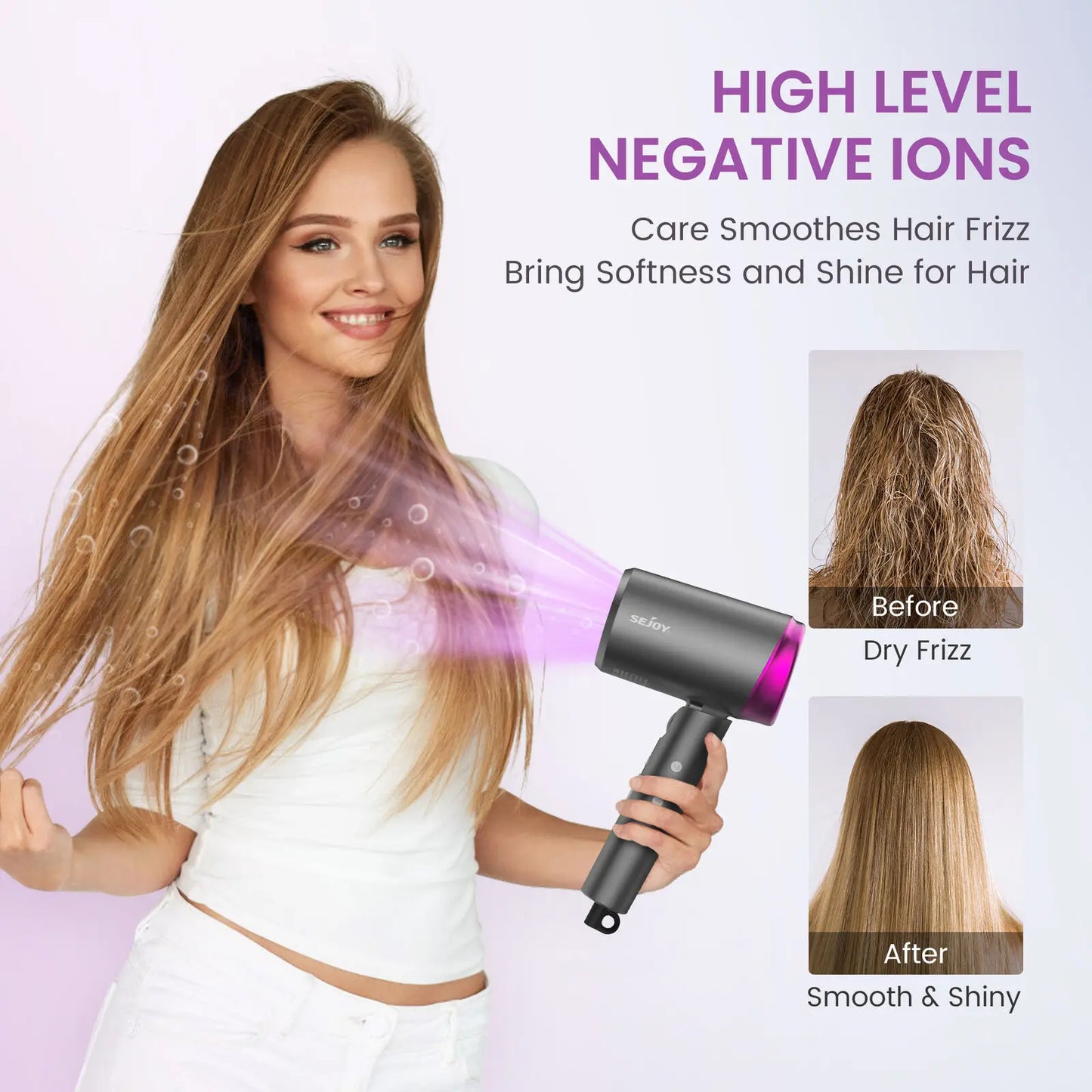 Sèche-cheveux professionnel SEJOY 1800 W, sèche-cheveux ionique avec buse négative