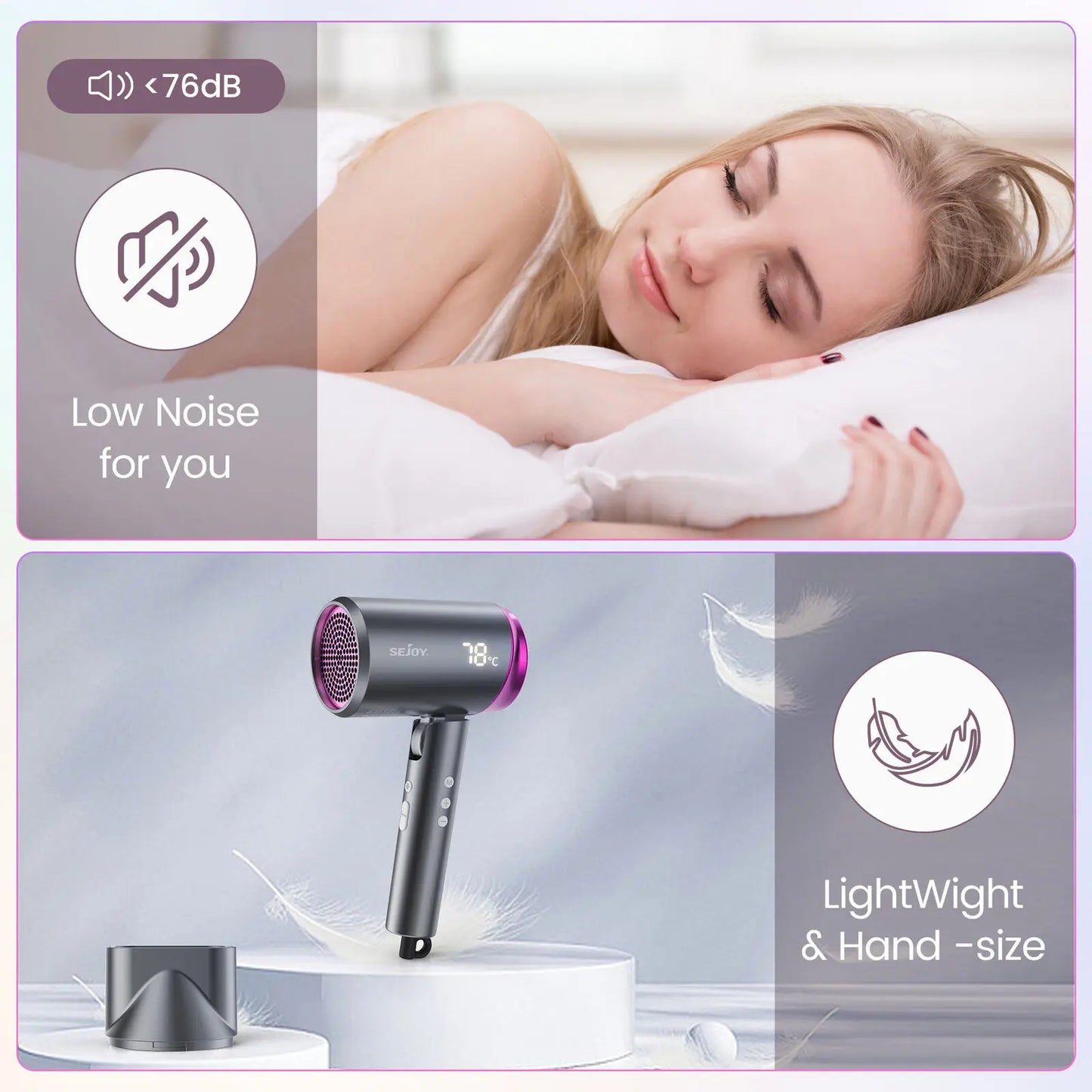 Sèche-cheveux professionnel SEJOY 1800 W, sèche-cheveux ionique avec buse négative