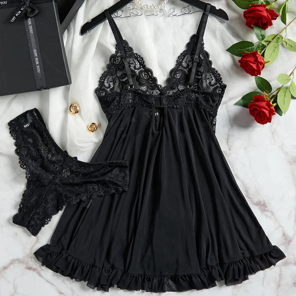 Tulle Suspenders Exquisite Women's Lencerias Lace V-Neck Underwear Semi-transparent Thong Dress Set Lingerie Nightgowns