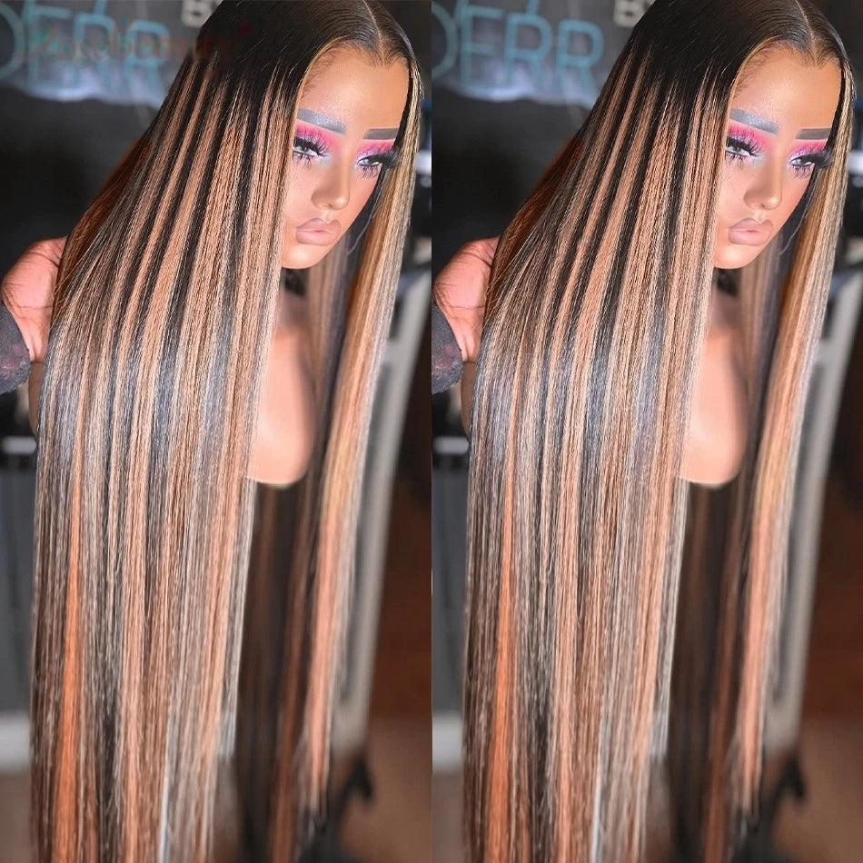 1B 30 Highlight Frontal Wigs Human Hair 30 Inch Ombre Brown Colored 13x4 Bone Straight Lace Front Wig Pre Plucked On Sale