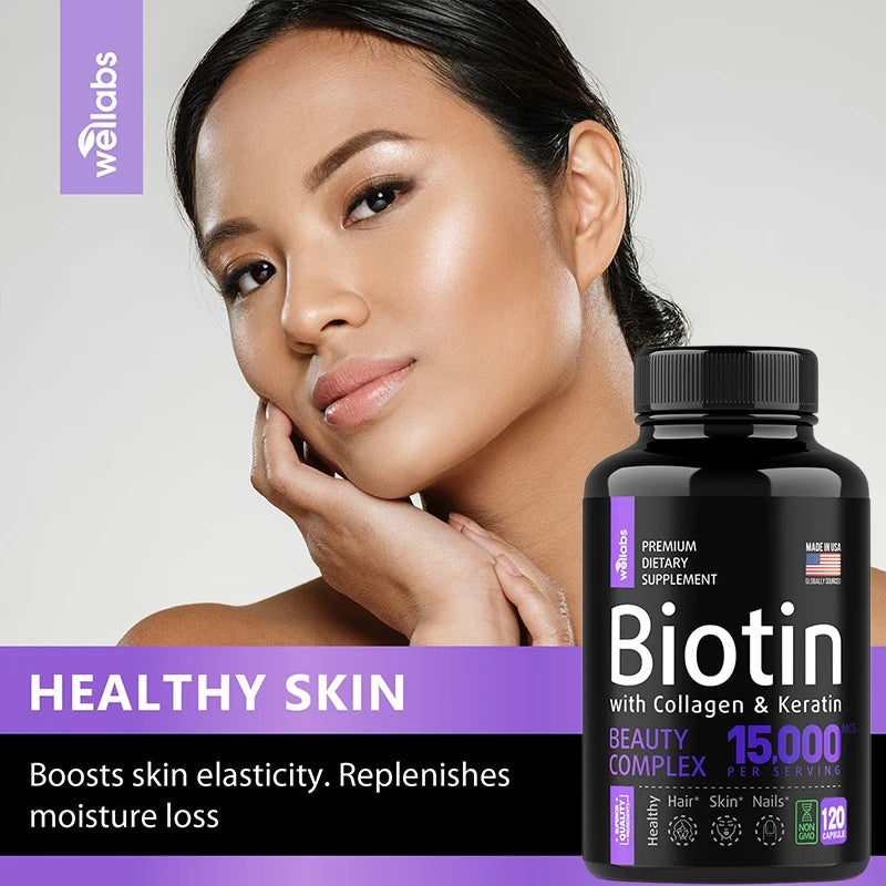 Complément alimentaire à la biotine, au collagène et à la kératine 15 000 mcg – Blanchiment des cheveux, de la peau et des ongles, adapté aux femmes et aux hommes
