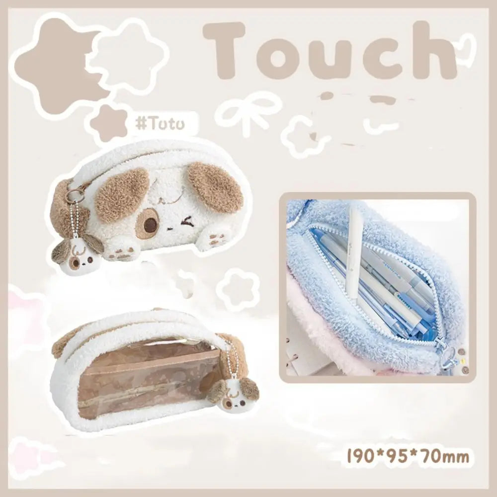 Multi-functional Large Capacity Plush Pencil Case Cartoon Kawaii Stationery Storage Pouch Viewable Window Pen Bag