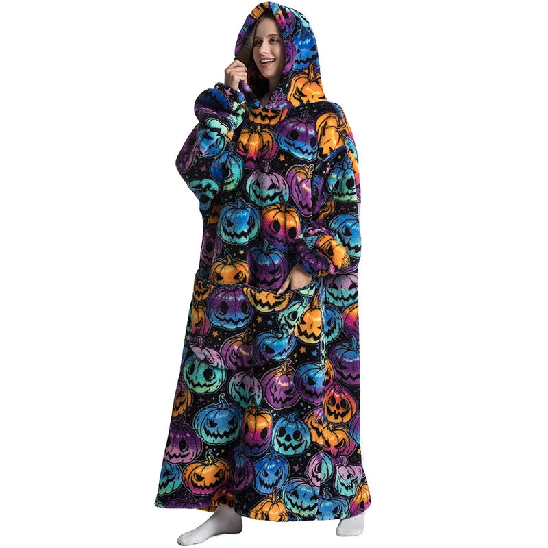 Super Long Wearable Blanket Hoodie Flannel Women Mens Oversized Hoodie Giant Blanket Sweatshirt Winter Thicken Pullover Fleece