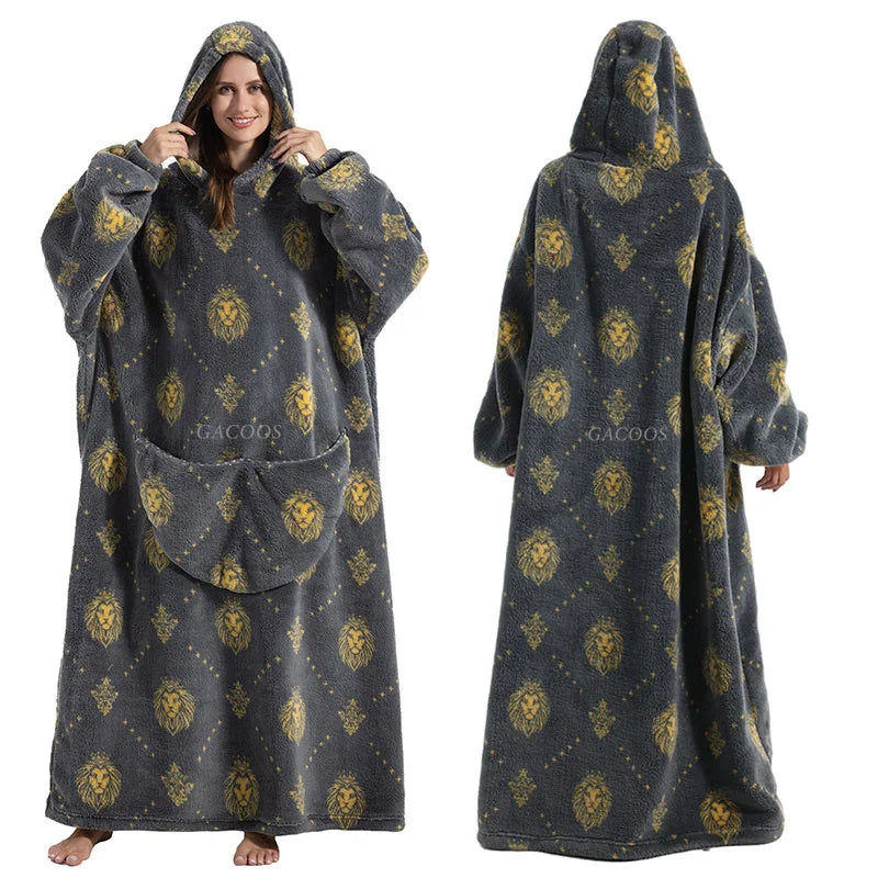 Super Long Wearable Blanket Hoodie Flannel Women Mens Oversized Hoodie Giant Blanket Sweatshirt Winter Thicken Pullover Fleece