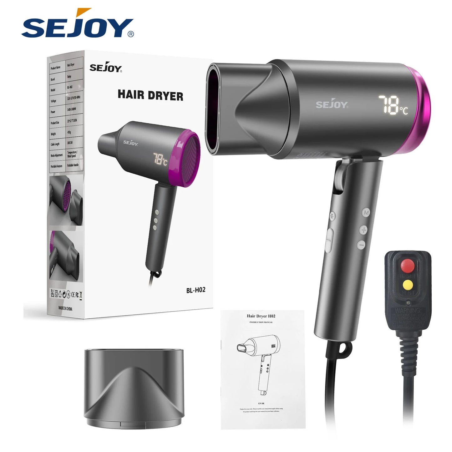 Sèche-cheveux professionnel SEJOY 1800 W, sèche-cheveux ionique avec buse négative