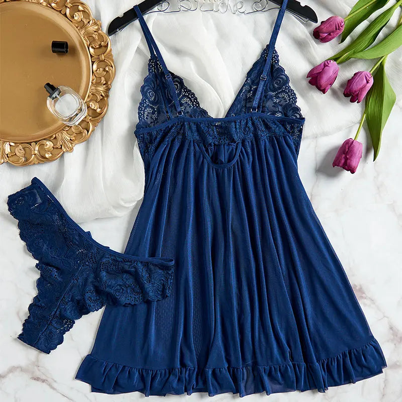 Tulle Suspenders Exquisite Women's Lencerias Lace V-Neck Underwear Semi-transparent Thong Dress Set Lingerie Nightgowns