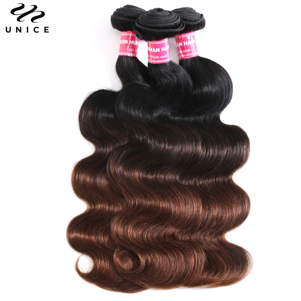 Extensions de cheveux humains Body Wave brun ombré UNice Hair, lot de 1, 3 ou 4 pièces, tissages rapides à coudre, 100 g par lot