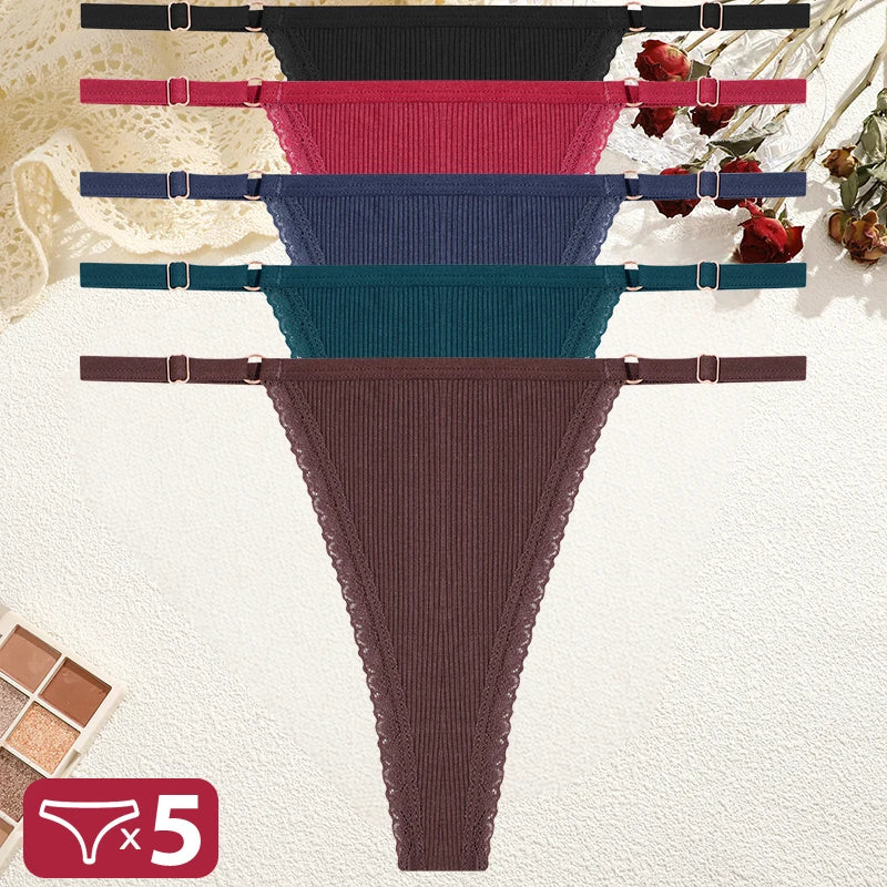 5PCS/Set Cotton Panties Sexy G-String Women's Underwear T-Back Lingerie Femme Underpants Briefs Adjustable Waist Thong Intimates