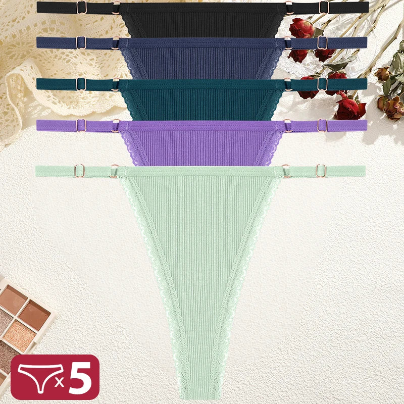 5PCS/Set Cotton Panties Sexy G-String Women's Underwear T-Back Lingerie Femme Underpants Briefs Adjustable Waist Thong Intimates