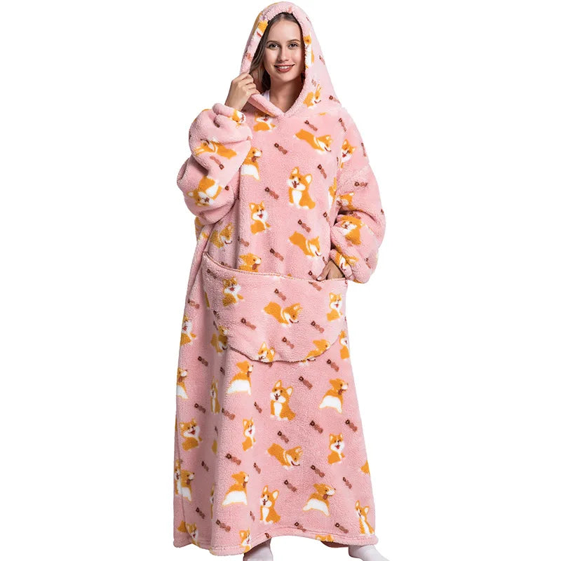 Super Long Wearable Blanket Hoodie Flannel Women Mens Oversized Hoodie Giant Blanket Sweatshirt Winter Thicken Pullover Fleece
