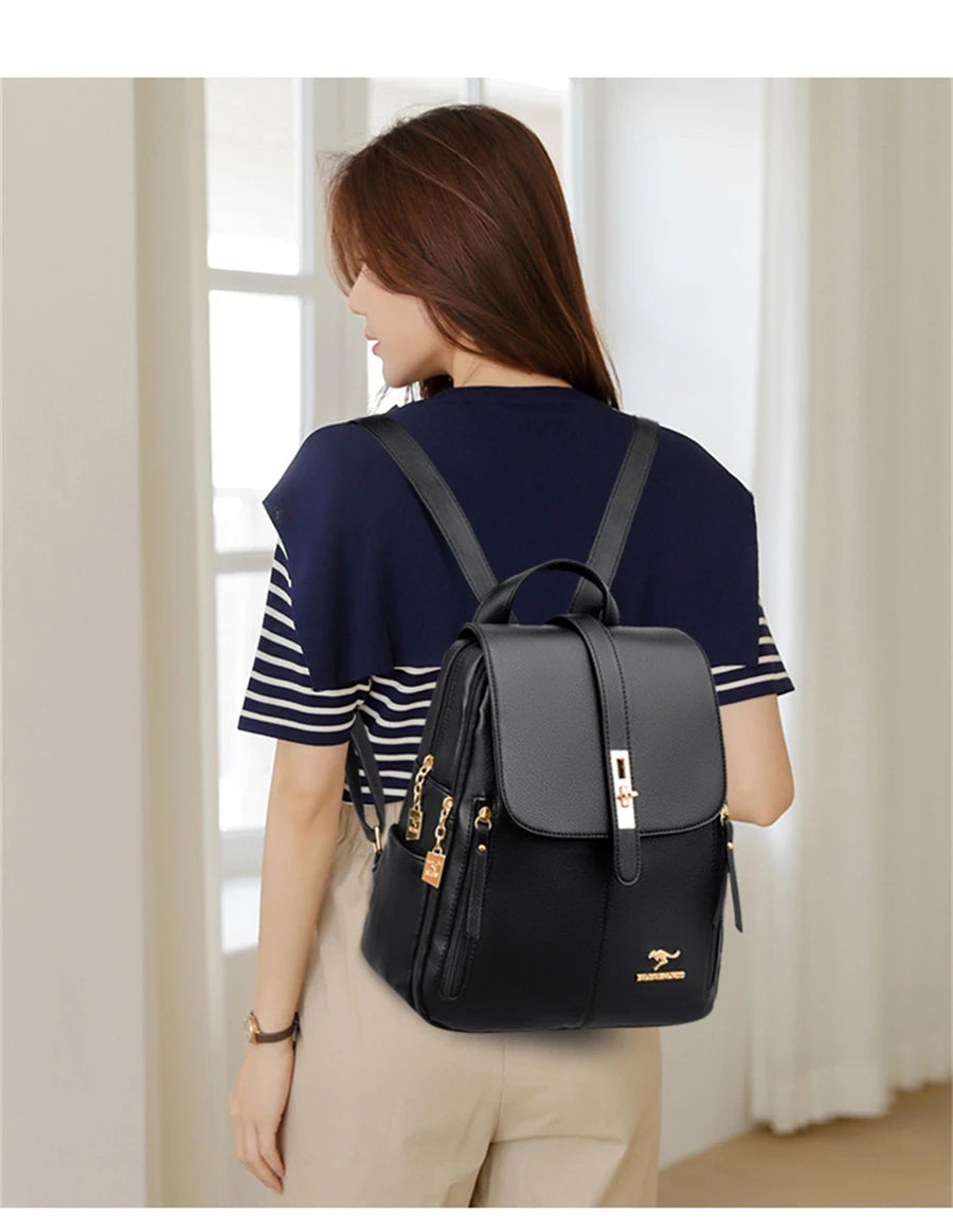 Luxury Women's Black Leather Backpack Casual Vintage Daypack with Zipper Closure Soft Shoulder Straps School Bag for Girls/ sac à Dos de luxe en cuire pour femme