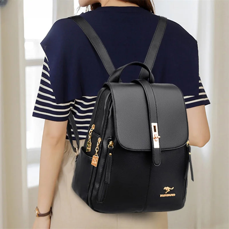 Luxury Women's Black Leather Backpack Casual Vintage Daypack with Zipper Closure Soft Shoulder Straps School Bag for Girls/ sac à Dos de luxe en cuire pour femme