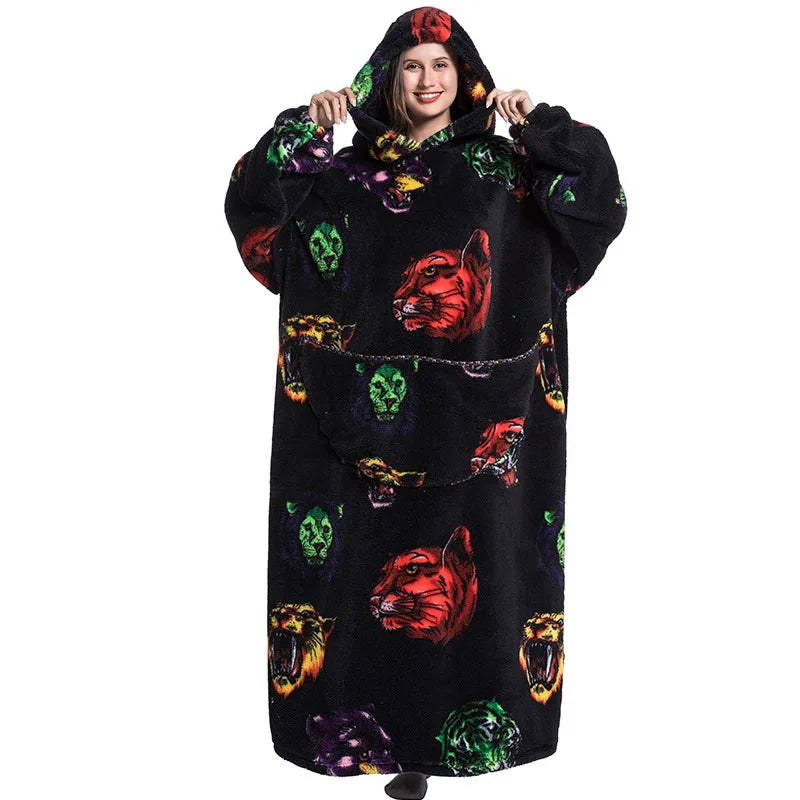 Super Long Wearable Blanket Hoodie Flannel Women Mens Oversized Hoodie Giant Blanket Sweatshirt Winter Thicken Pullover Fleece