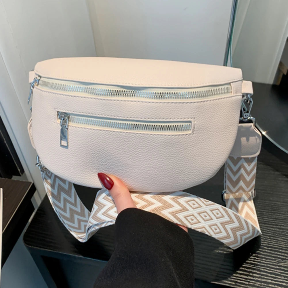 Women Stylish Crossbody Bag with Wide Strap Simple Shoulder Bag Multi-pocket Casual Bum Bag Travel Outdoor Bag