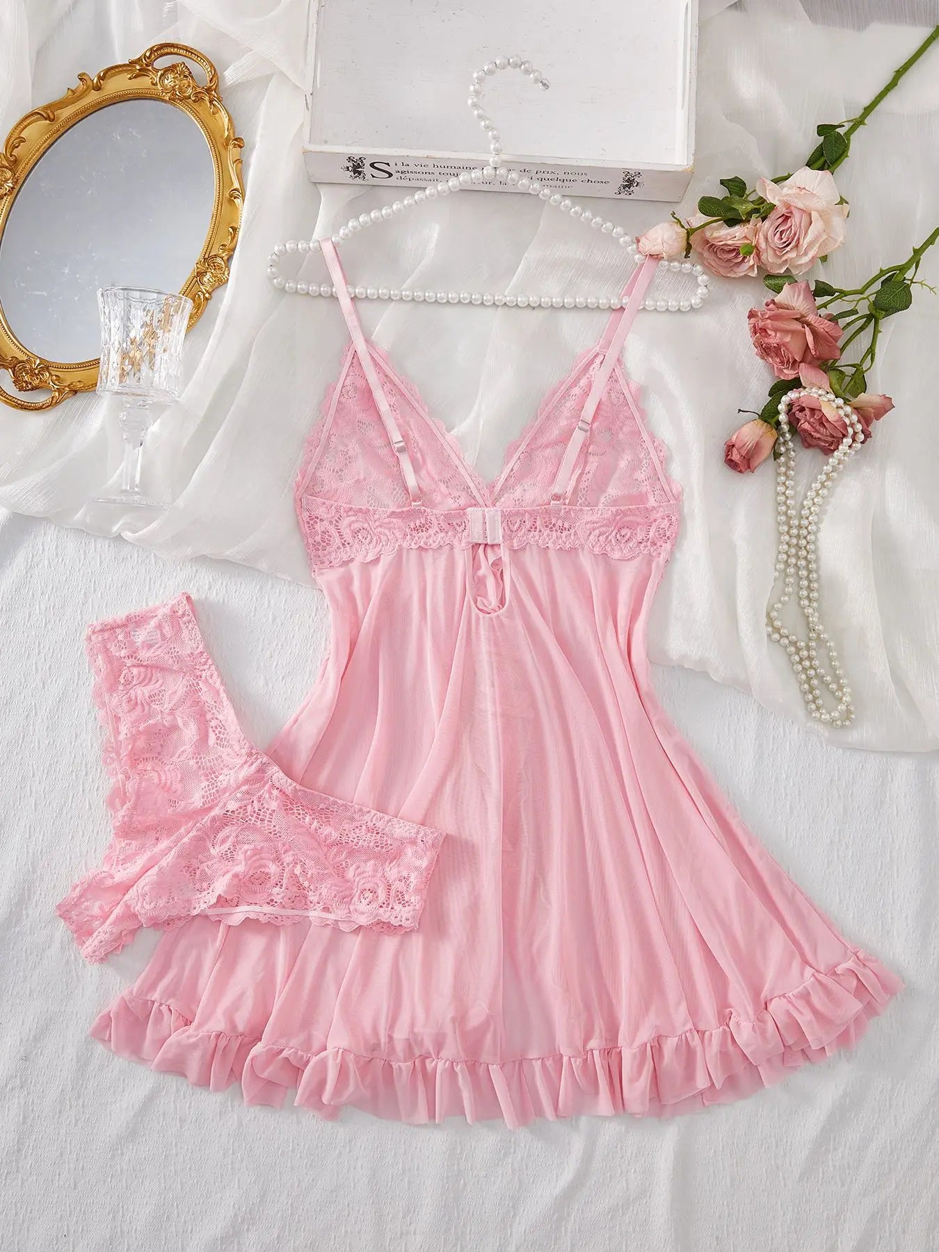 Sexy Lingerie Set Women Erotic Bra Nightdress Sexy Lace Sleepwear Solid Slim Soft Dresses V Neck Full Slip Sleepwear & Dresses/ Robe de nuit
