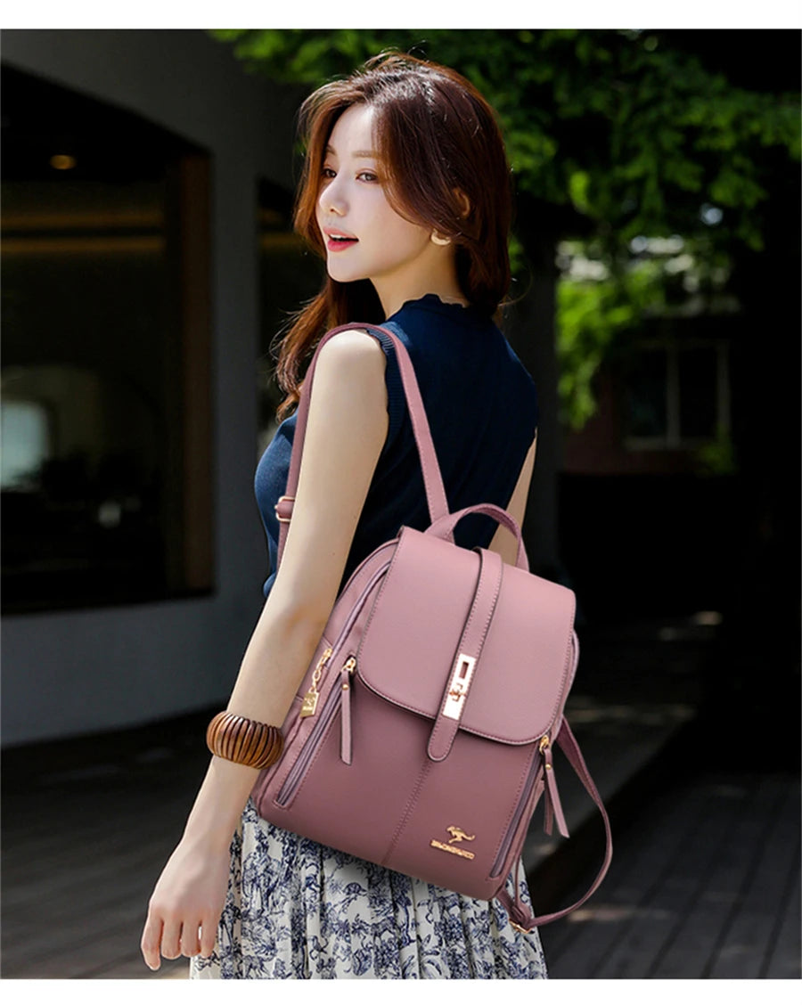 Luxury Women's Black Leather Backpack Casual Vintage Daypack with Zipper Closure Soft Shoulder Straps School Bag for Girls/ sac à Dos de luxe en cuire pour femme