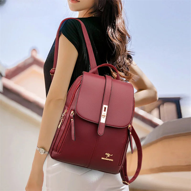 Luxury Women's Black Leather Backpack Casual Vintage Daypack with Zipper Closure Soft Shoulder Straps School Bag for Girls/ sac à Dos de luxe en cuire pour femme