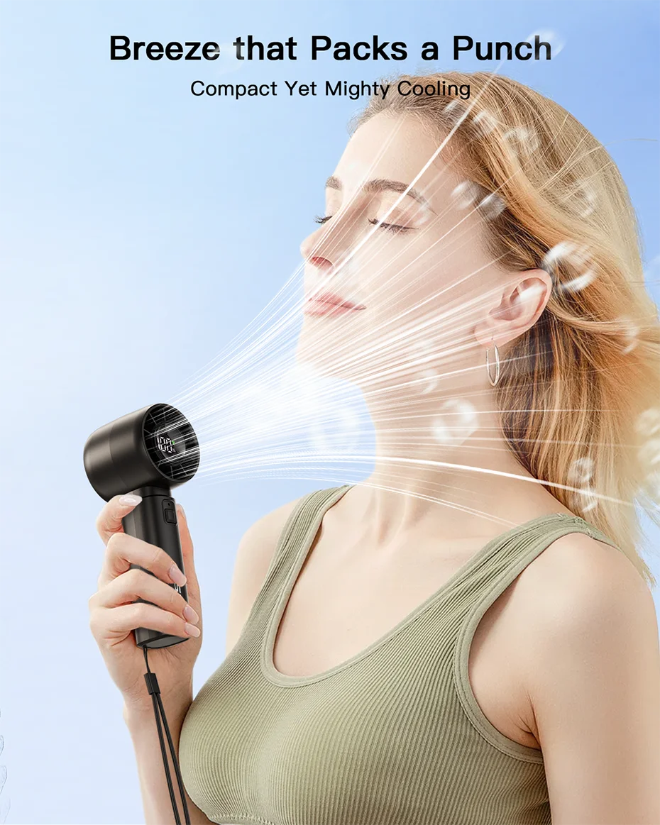 Mini ventilateur portable ColdSky, batterie 4000 mAh, rechargeable, avec écran LED, 5 vitesses, turbo, pour la plage, les voyages et les vacances.