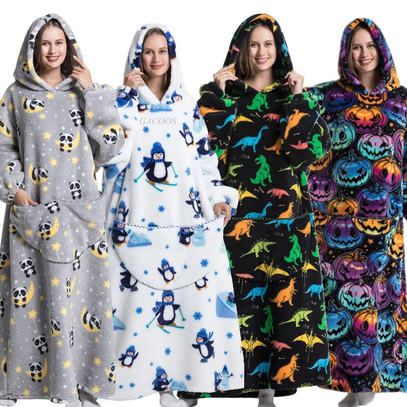 Super Long Wearable Blanket Hoodie Flannel Women Mens Oversized Hoodie Giant Blanket Sweatshirt Winter Thicken Pullover Fleece
