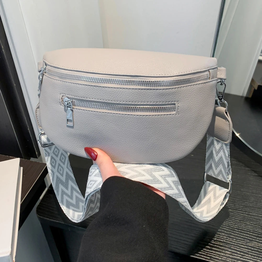 Women Stylish Crossbody Bag with Wide Strap Simple Shoulder Bag Multi-pocket Casual Bum Bag Travel Outdoor Bag
