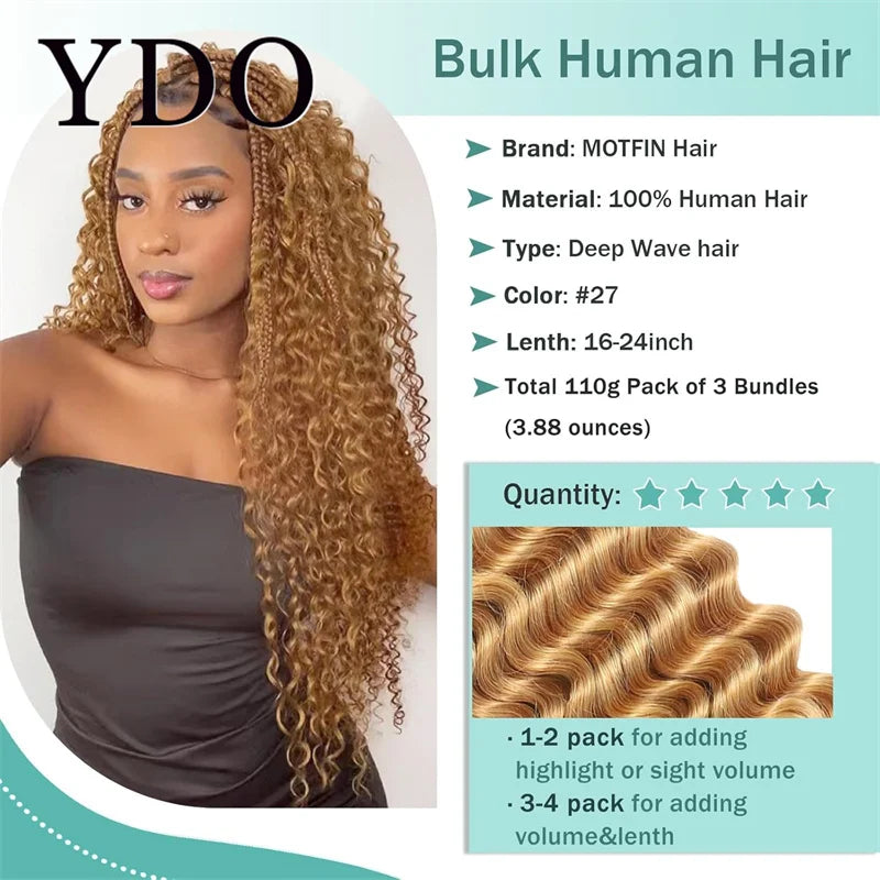 ---
Title / Titre
EN: Bulk Human Hair for Braiding – Honey Blonde 27#, Deep Wave, Curly, No Weft Extensions for Boho and Box Braids
FR: Cheveux humains en vrac pour tresses – Blond miel 27#, ondulation profonde, bouclés