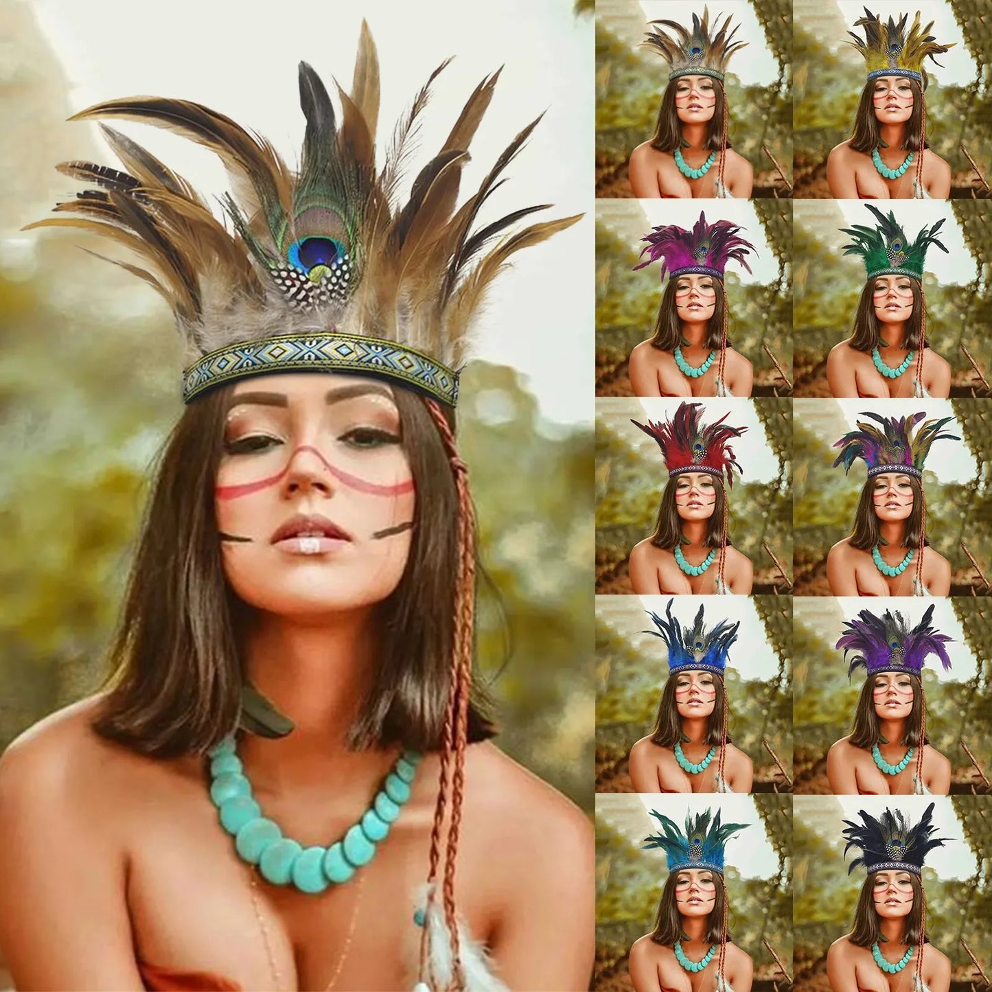 Serre-têtes en plumes pour femmes, couronne de paon, costume indien de carnaval, serre-têtes pour spectacle de danse, carnaval, Halloween