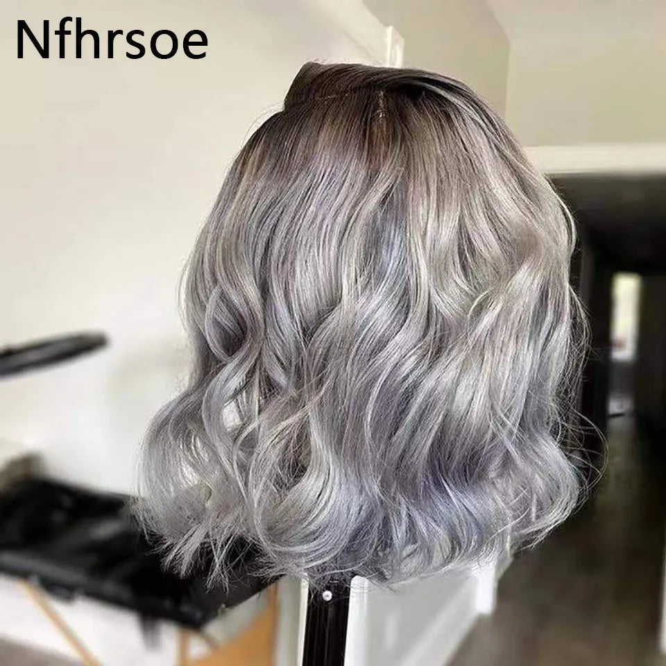 Human Hair Wigs For Women Ombre Colored Brazilian Wavy Transparent Lace Front Wig Pre Plucked 1B/Grey Short Bob Lace Frontal Wig