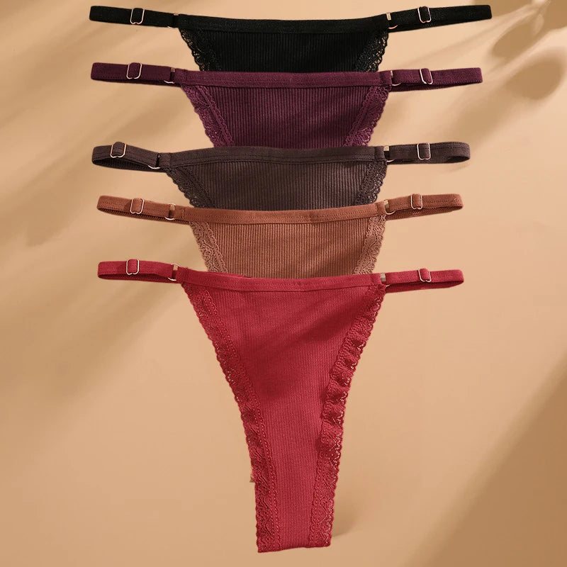 5PCS/Set Cotton Panties Sexy G-String Women's Underwear T-Back Lingerie Femme Underpants Briefs Adjustable Waist Thong Intimates