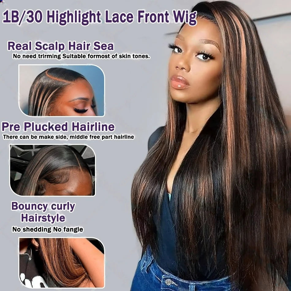 1B 30 Highlight Frontal Wigs Human Hair 30 Inch Ombre Brown Colored 13x4 Bone Straight Lace Front Wig Pre Plucked On Sale