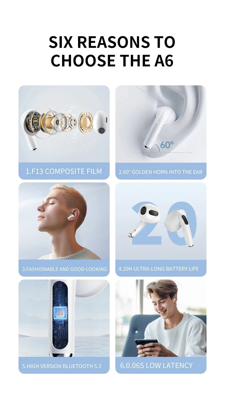 Xiaomi A6 pro TWS Bluetooth 5.3 Earphones Wireless Earbuds with Touch Control Noise Reduction Hi-Fi HD Stereo Sports Headset