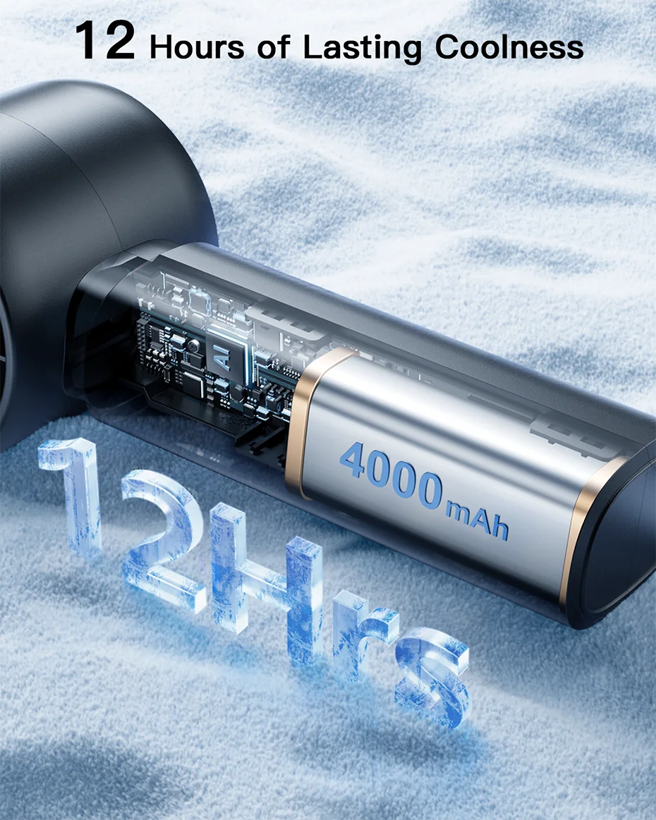 Mini ventilateur portable ColdSky, batterie 4000 mAh, rechargeable, avec écran LED, 5 vitesses, turbo, pour la plage, les voyages et les vacances.
