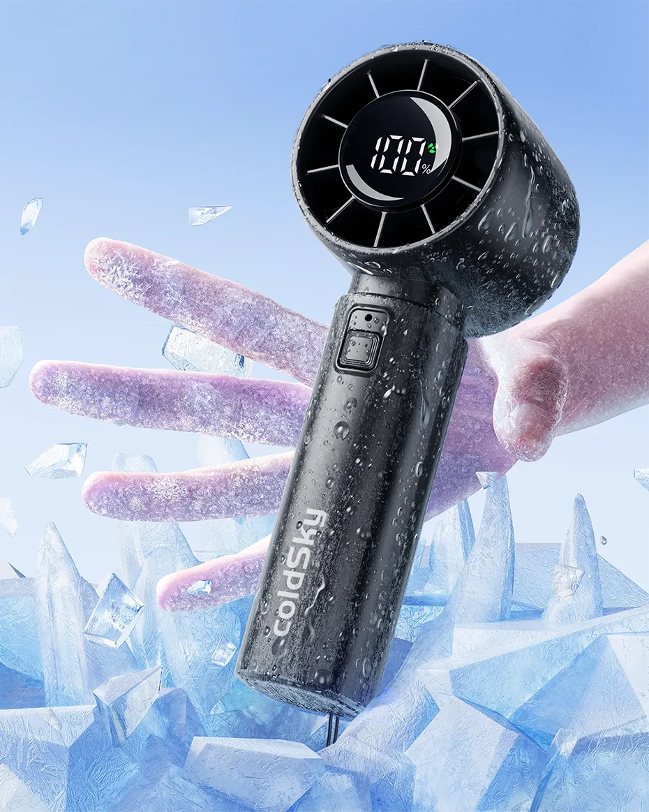 Mini ventilateur portable ColdSky, batterie 4000 mAh, rechargeable, avec écran LED, 5 vitesses, turbo, pour la plage, les voyages et les vacances.