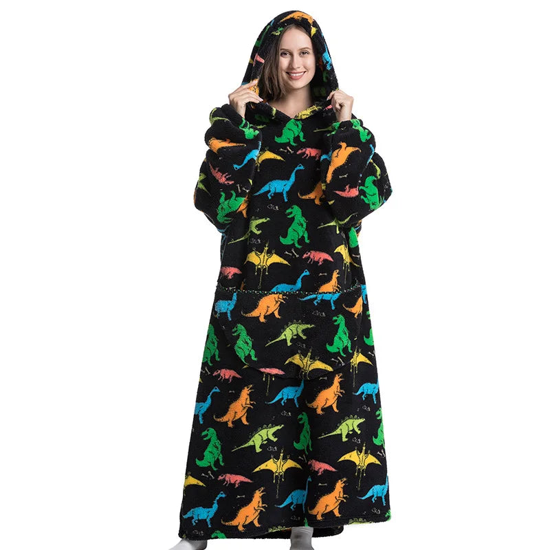 Super Long Wearable Blanket Hoodie Flannel Women Mens Oversized Hoodie Giant Blanket Sweatshirt Winter Thicken Pullover Fleece