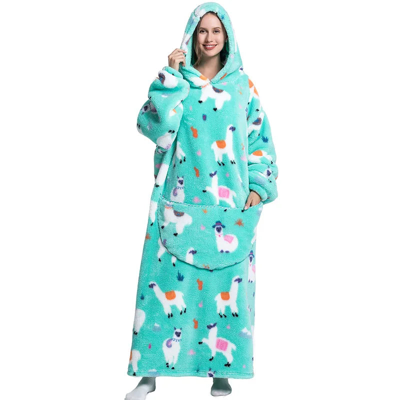 Super Long Wearable Blanket Hoodie Flannel Women Mens Oversized Hoodie Giant Blanket Sweatshirt Winter Thicken Pullover Fleece