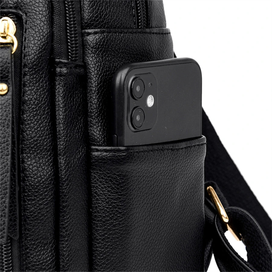 Luxury Women's Black Leather Backpack Casual Vintage Daypack with Zipper Closure Soft Shoulder Straps School Bag for Girls/ sac à Dos de luxe en cuire pour femme