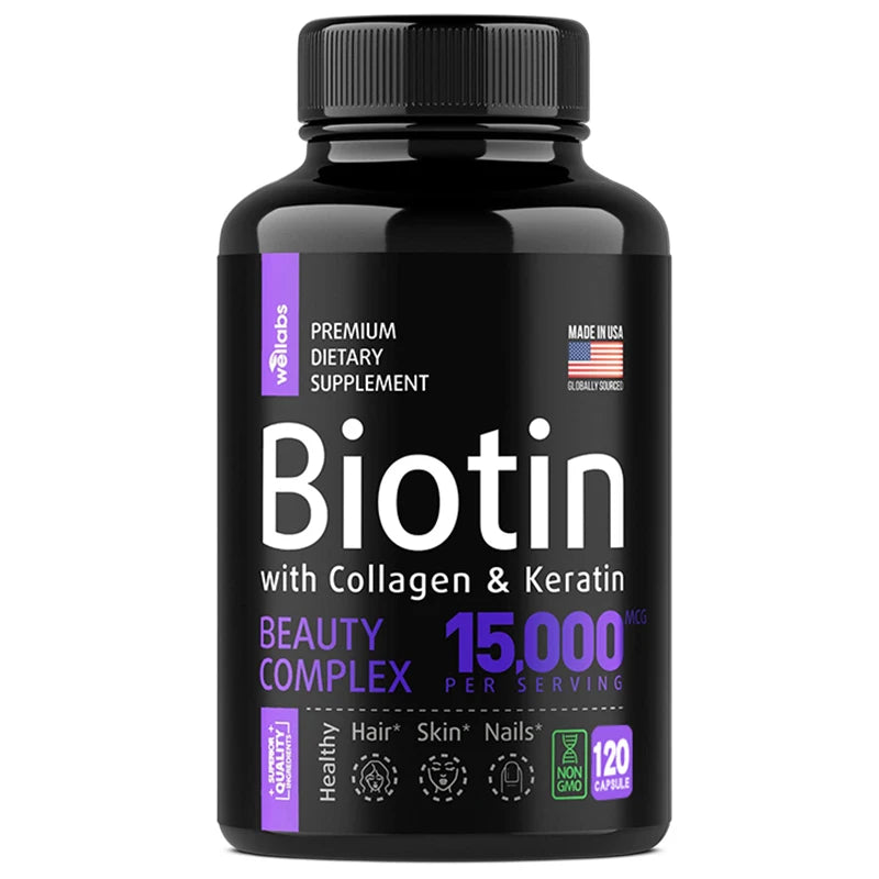 Complément alimentaire à la biotine, au collagène et à la kératine 15 000 mcg – Blanchiment des cheveux, de la peau et des ongles, adapté aux femmes et aux hommes