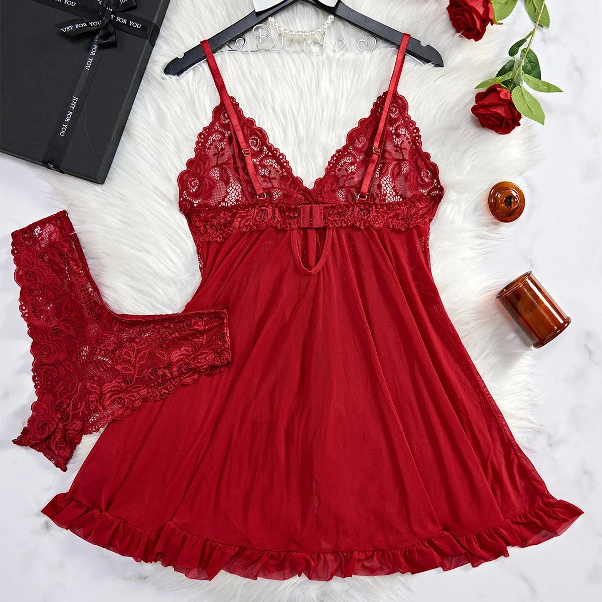 Tulle Suspenders Exquisite Women's Lencerias Lace V-Neck Underwear Semi-transparent Thong Dress Set Lingerie Nightgowns