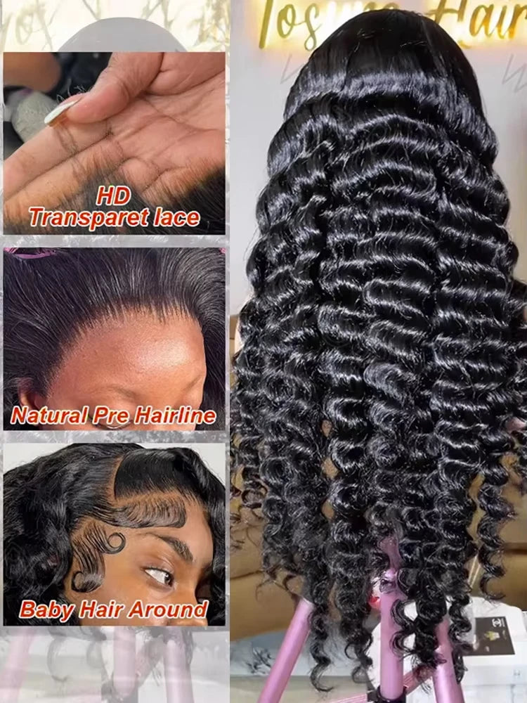 Perruques brésiliennes Remy bouclées HD 13x6 200% cheveux humains ondulés 30-34 pouces avec dentelle frontale pré-épilée 13x4