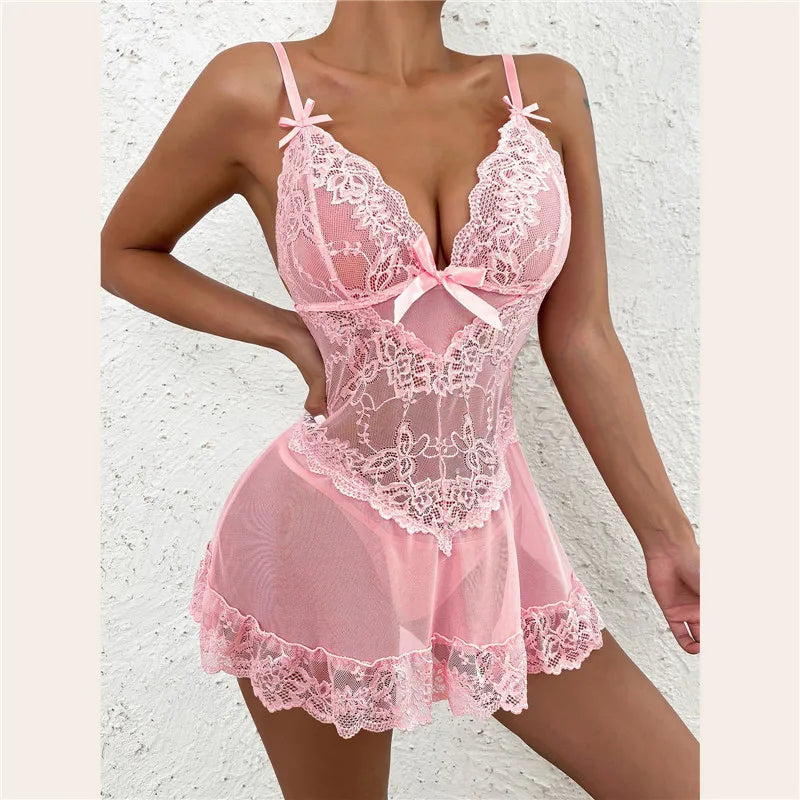 Women Sexy Lingerie Lace Babydoll Dress Erotic Underwear Open Bra Mesh Sheer Pajamas Sexy Costumes Bodysuit Exotic Porn Outfit/ Robe de nuit