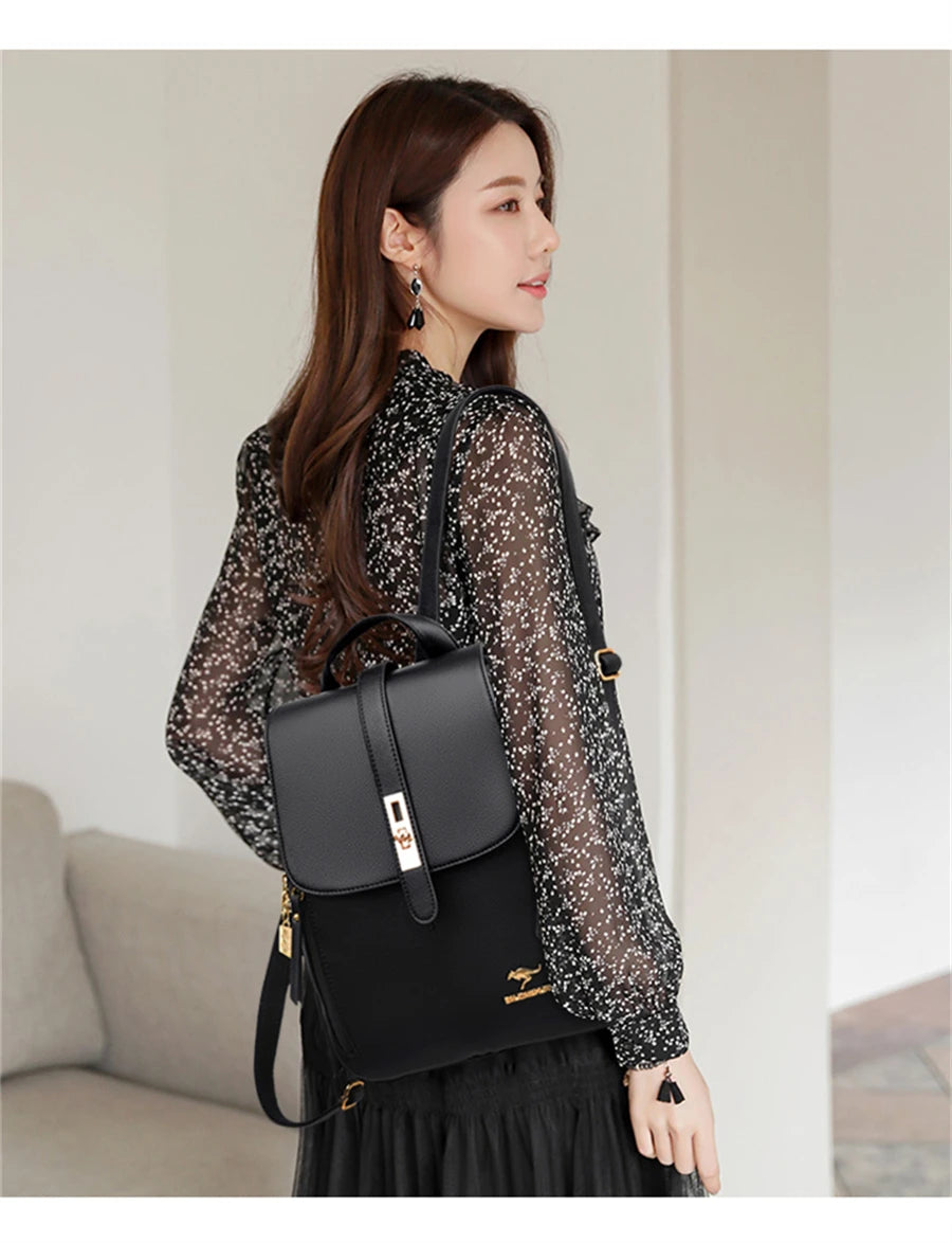 Luxury Women's Black Leather Backpack Casual Vintage Daypack with Zipper Closure Soft Shoulder Straps School Bag for Girls/ sac à Dos de luxe en cuire pour femme