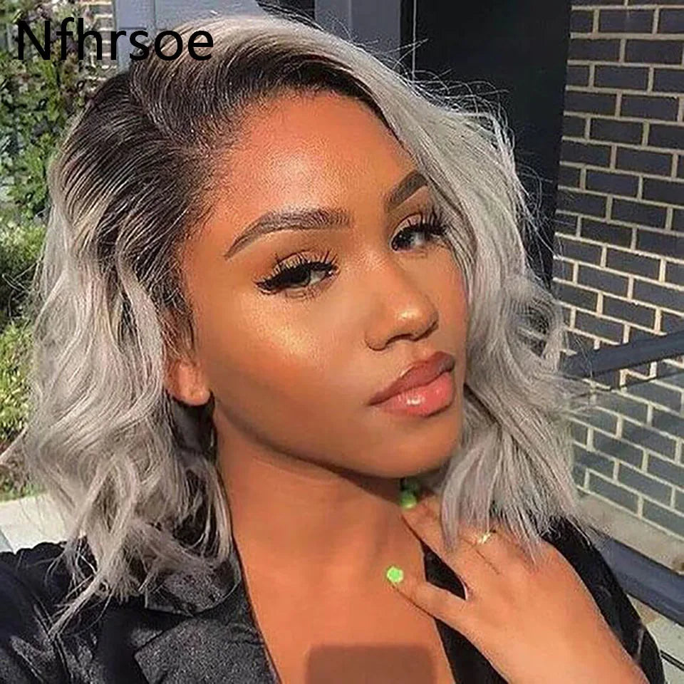 Human Hair Wigs For Women Ombre Colored Brazilian Wavy Transparent Lace Front Wig Pre Plucked 1B/Grey Short Bob Lace Frontal Wig
