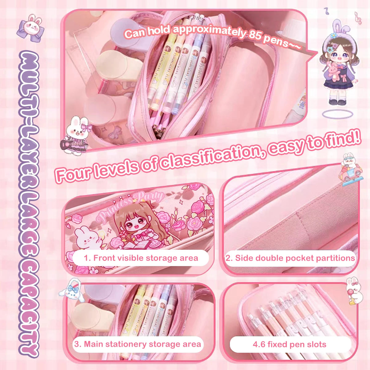 Kawaii Cartoon Pencil Case Multi-functional Large-capacity Pencil Bag Cute INS Storage Bag School Office Supplies Stationery