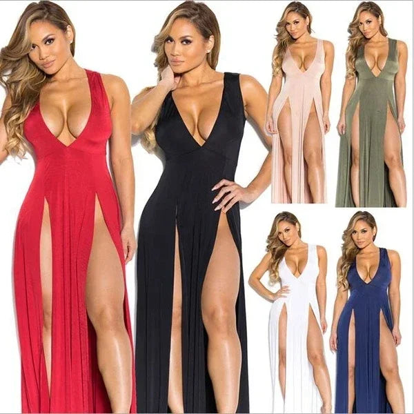 Sexy Lingerie Porno Exotic dresses New Low-Cut V-Neck Sleeveless Double Slit Sexy Black Suspender High Slit Honeymoon Dress