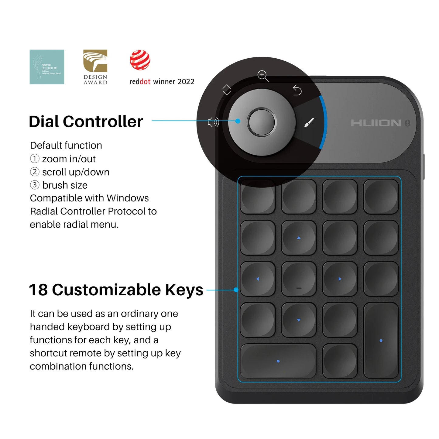 Mini clavier Huion K20 Keydial pour tablette graphique, PC et téléphone, 18 touches + contrôleur de numérotation, version améliorée