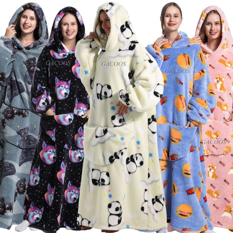 Super Long Wearable Blanket Hoodie Flannel Women Mens Oversized Hoodie Giant Blanket Sweatshirt Winter Thicken Pullover Fleece