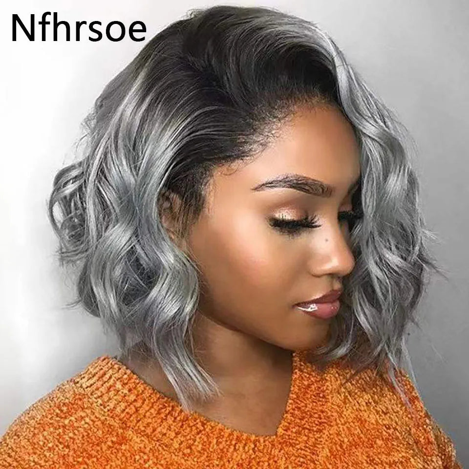 Human Hair Wigs For Women Ombre Colored Brazilian Wavy Transparent Lace Front Wig Pre Plucked 1B/Grey Short Bob Lace Frontal Wig